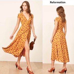 Reformation Carina Yellow Floral Midi Wrap Dress